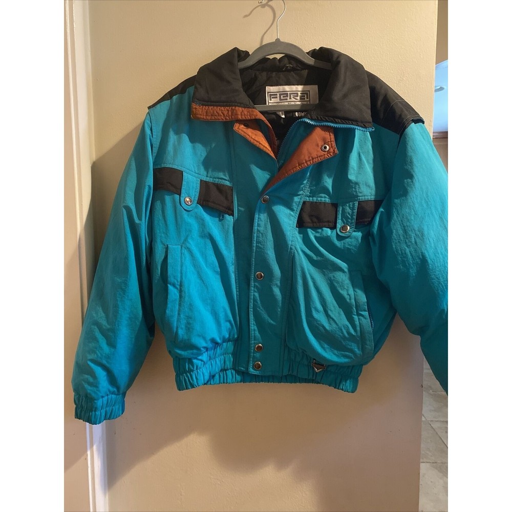 VINTAGE FERA RETRO Men's SKI DOWN WEAR JACKET Size SMALL 38 Turquoise And Tan